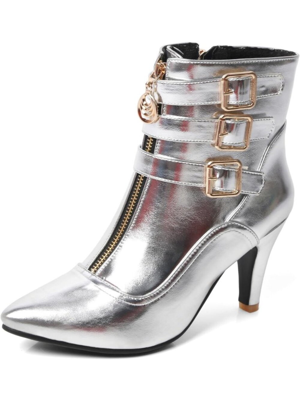 Women's Silver High Heels Pointed Toe Ankle Short High Heeled Metallic Booties